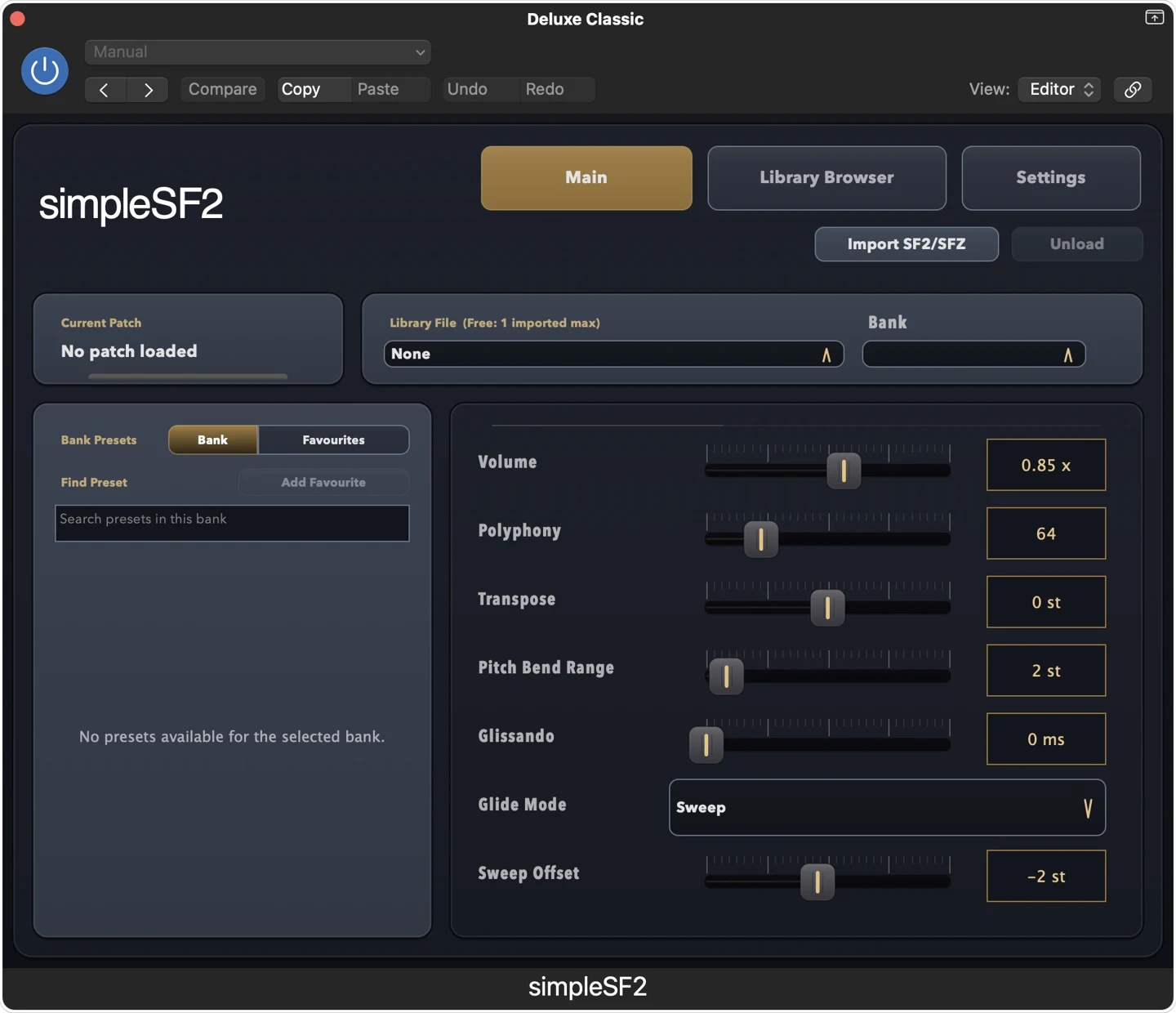 simpleSF2 Audio Unit window in Logic Pro with the Import SF2/SFZ button and no library loaded