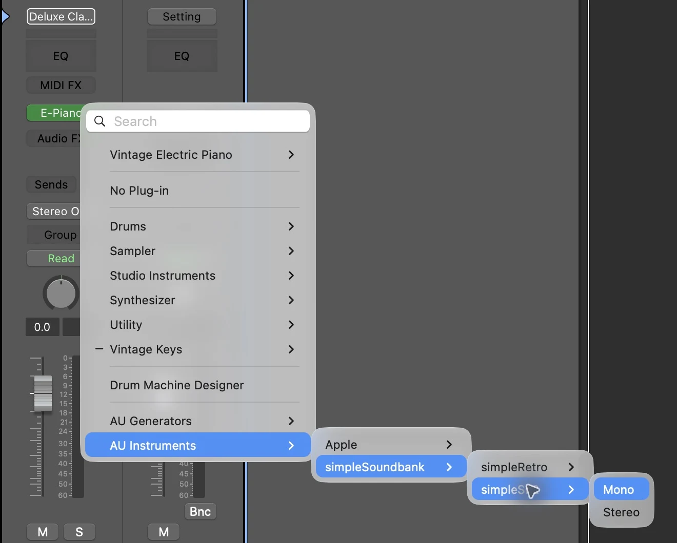 Logic Pro instrument menu: AU Instruments, simpleSoundbank, simpleSF2, Stereo