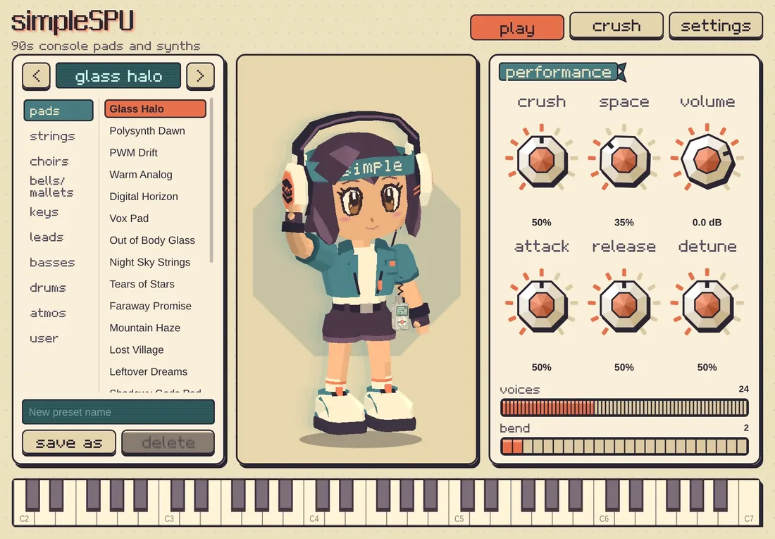 simpleSPU's Play page: its mascot between a preset list and crush, space and envelope knobs