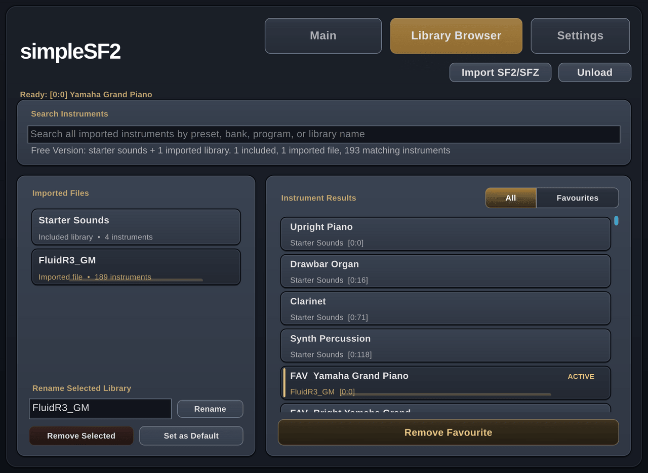 simpleSF2's Library Browser with the Import SF2/SFZ button, imported libraries and their instruments