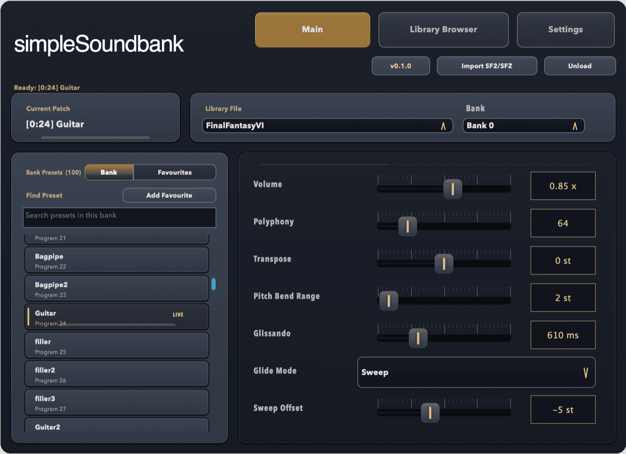 simpleSoundbank plugin interface showing preset browser, sliders, and bank selection