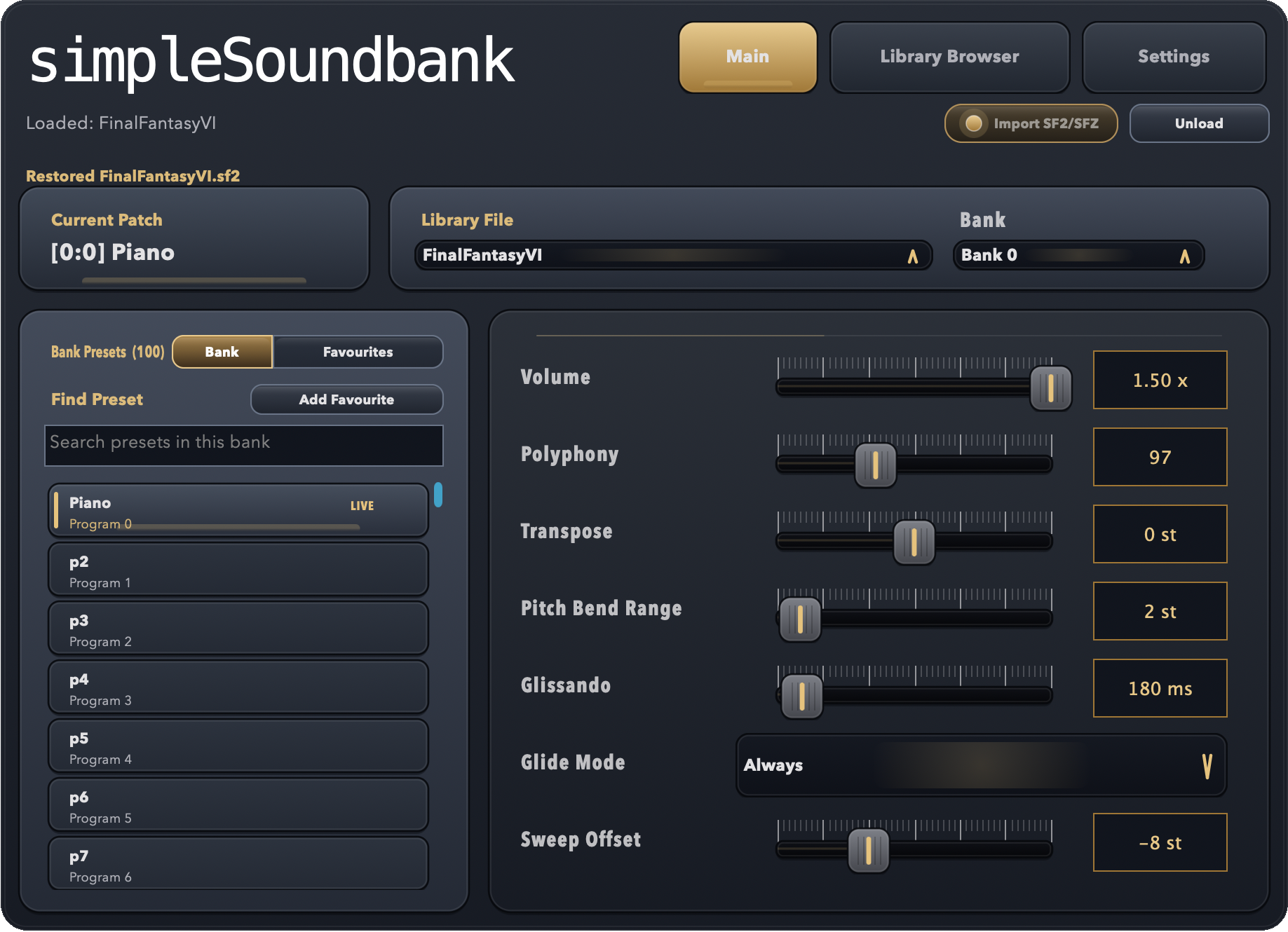 simpleSoundbank plugin interface showing preset browser, sliders, and bank selection