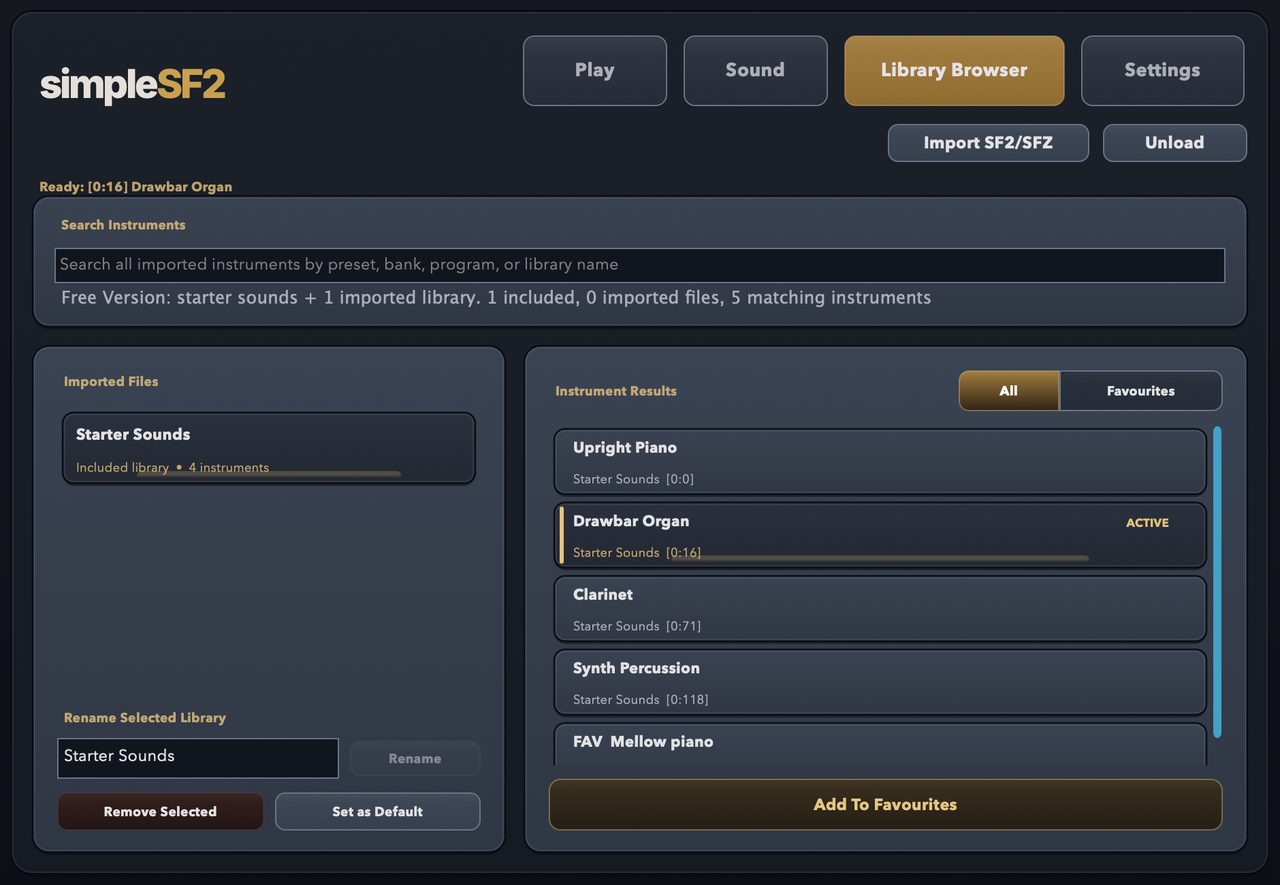 simpleSF2 Library Browser listing Starter Sounds and a saved custom preset, with search across every instrument