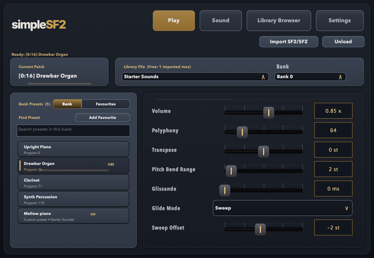 simpleSF2 Play page with the updated logo, four top tabs, preset browser and performance controls