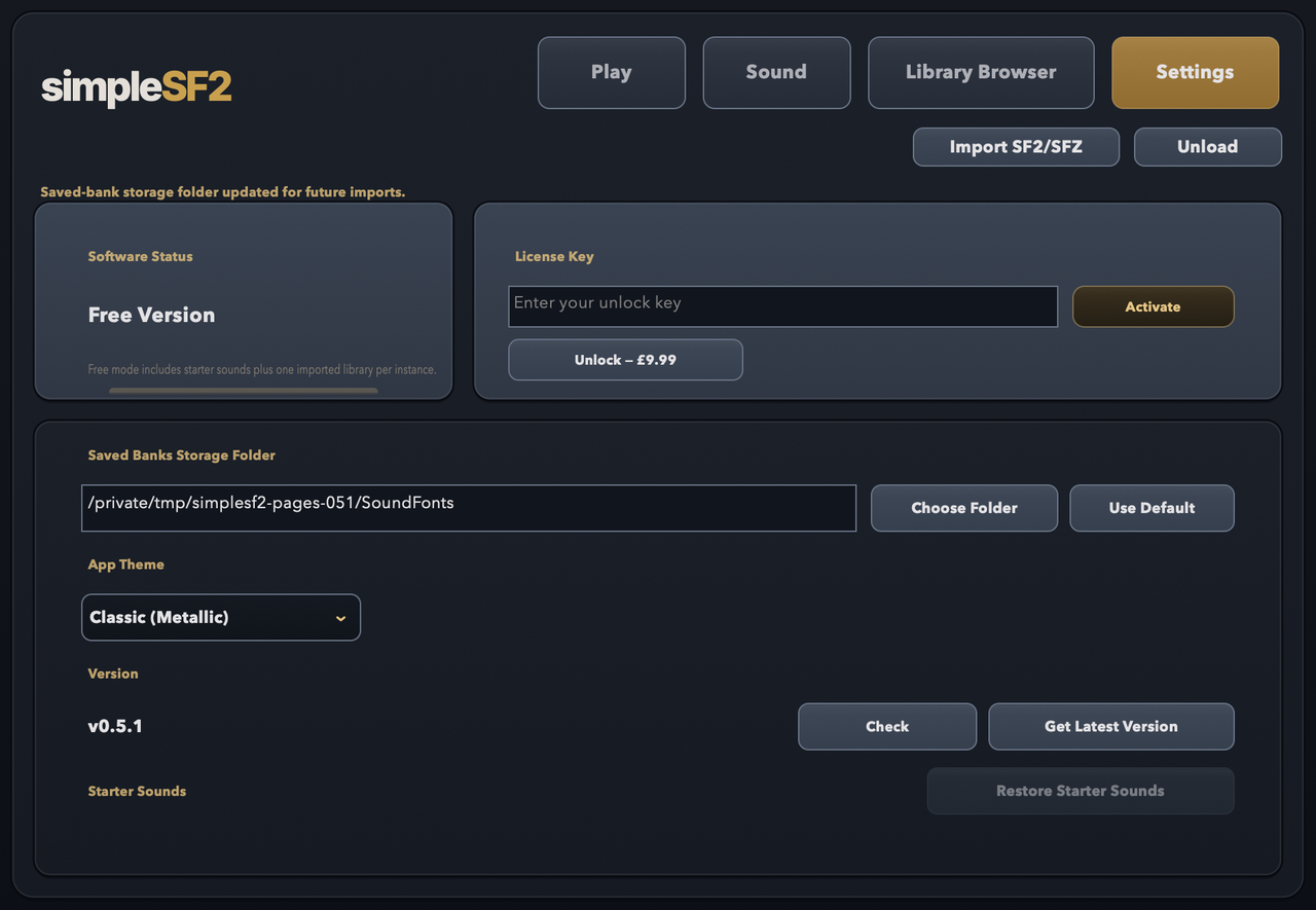 simpleSF2 Settings: licence status and key, storage folder, theme, version and restoring the starter sounds