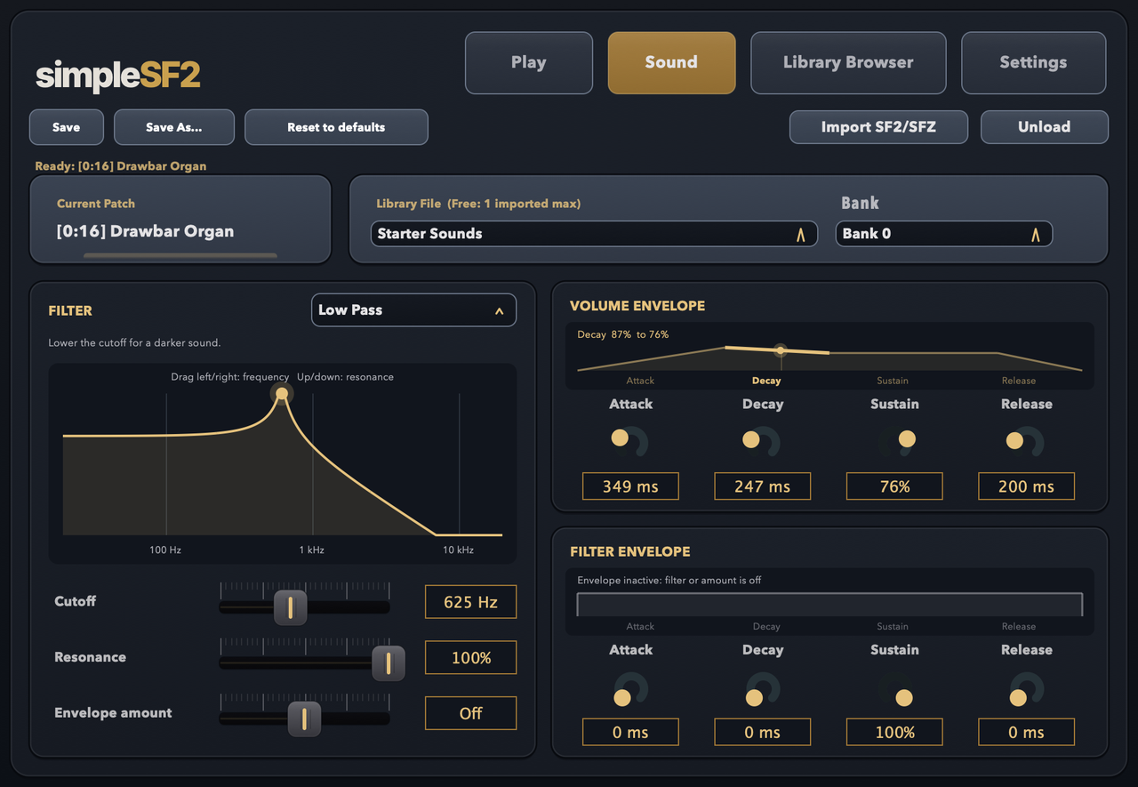 simpleSF2 Sound page showing filter controls, two ADSR graphs and Save As