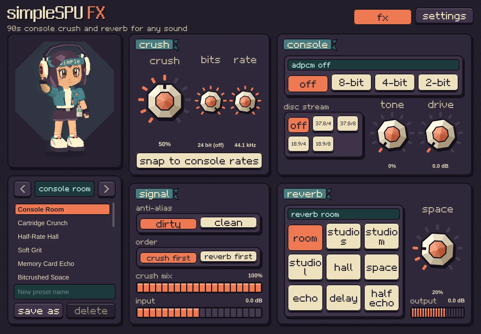 simpleSPU FX: presets, crush and console controls, signal and reverb, with the mascot beside them