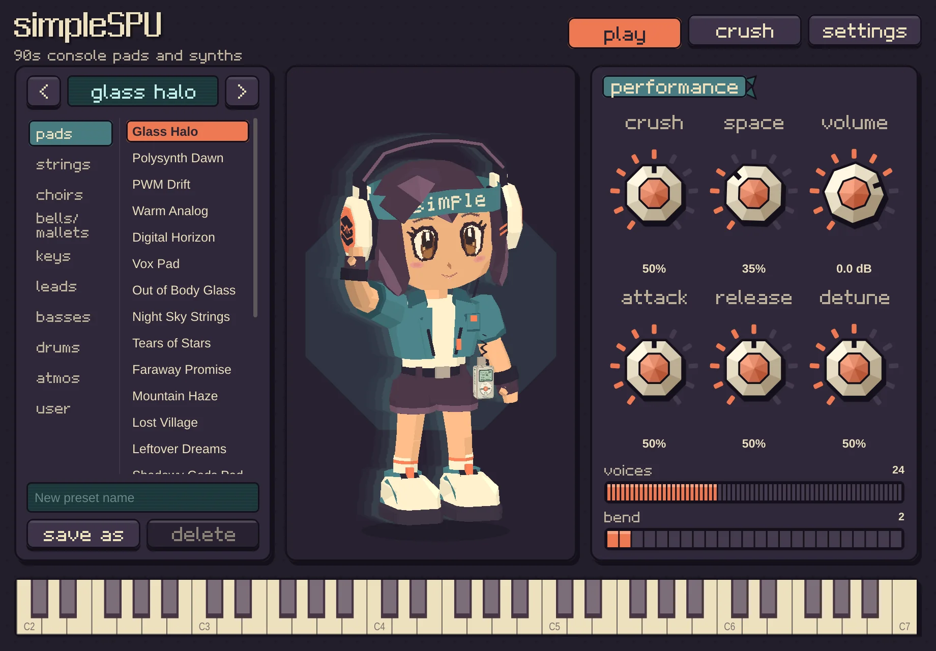The simpleSPU instrument: a preset browser, the mascot, six knobs for crush, space, volume, attack, release and detune, and a keyboard